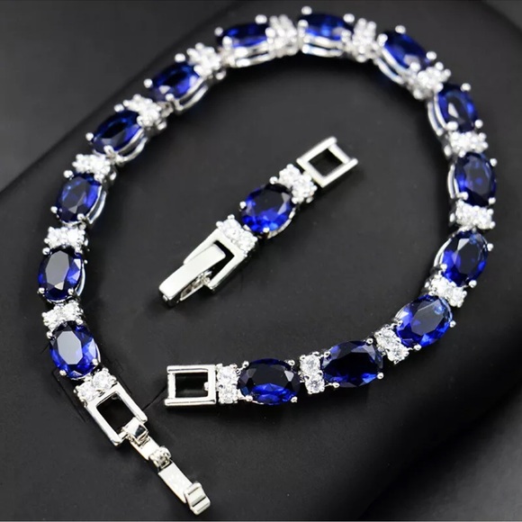 925 Sterling Silver Sapphire Tennis Bracelet - Picture 3 of 4